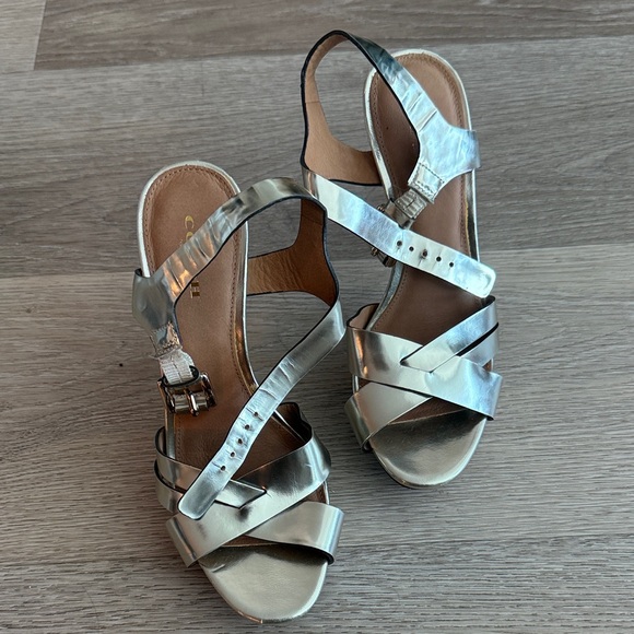Coach Metallic Silver Strappy Heels - Picture 1 of 3